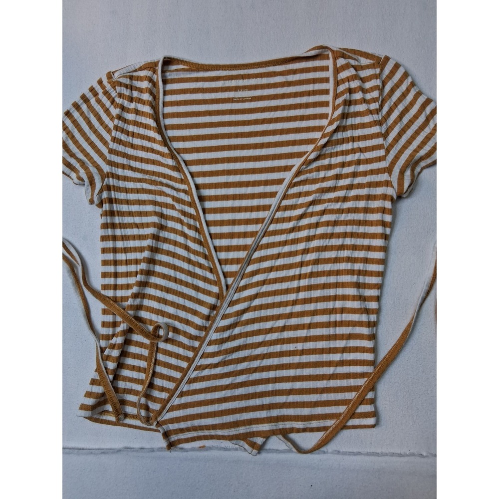 American Eagle Mustard Yellow White Striped Ribbed Wrap Tie Top Small 2509